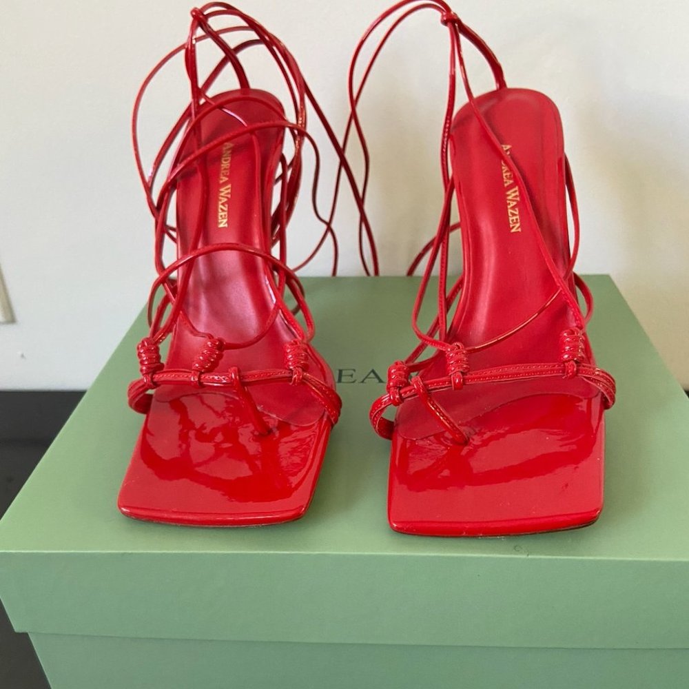 Andrea Wazen Mandaloun Leather Wrap Sandals (Red)